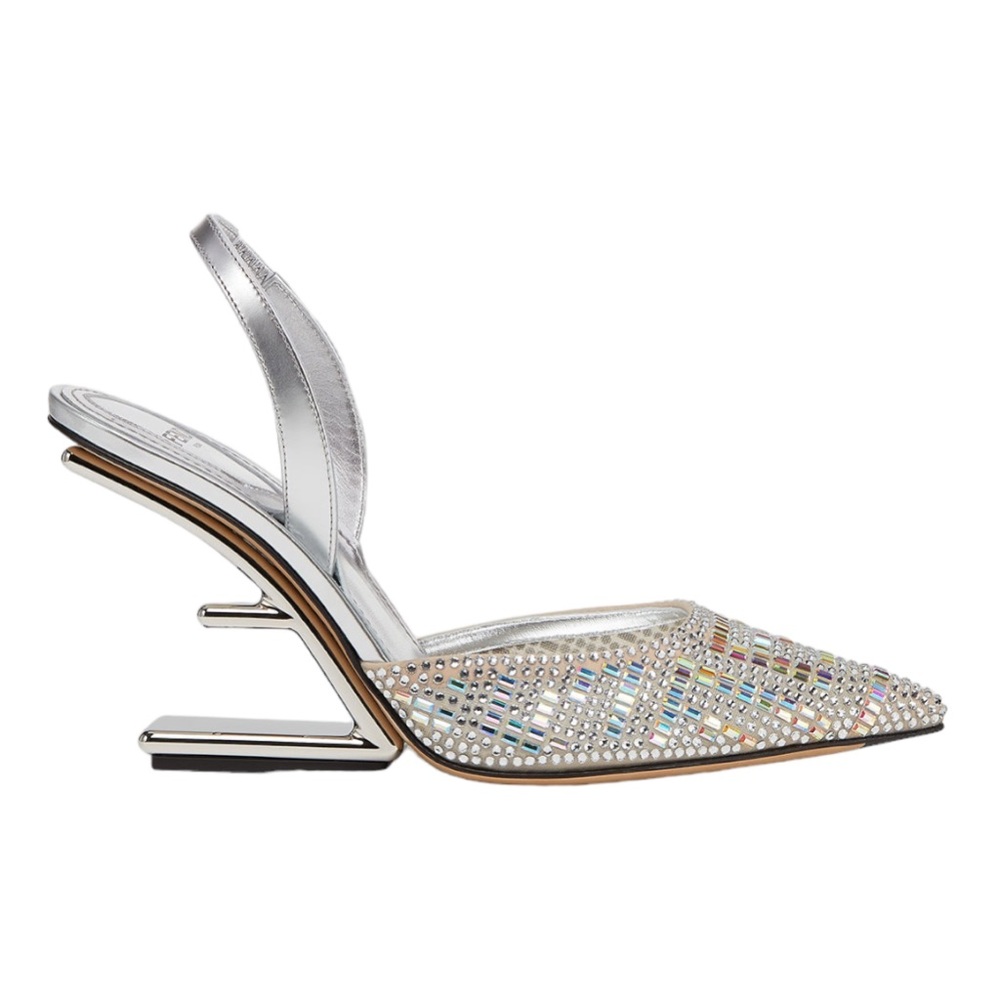 👠 🆕 Fendi First Silver-colored rhinestone high-heeled slingbacks color silver